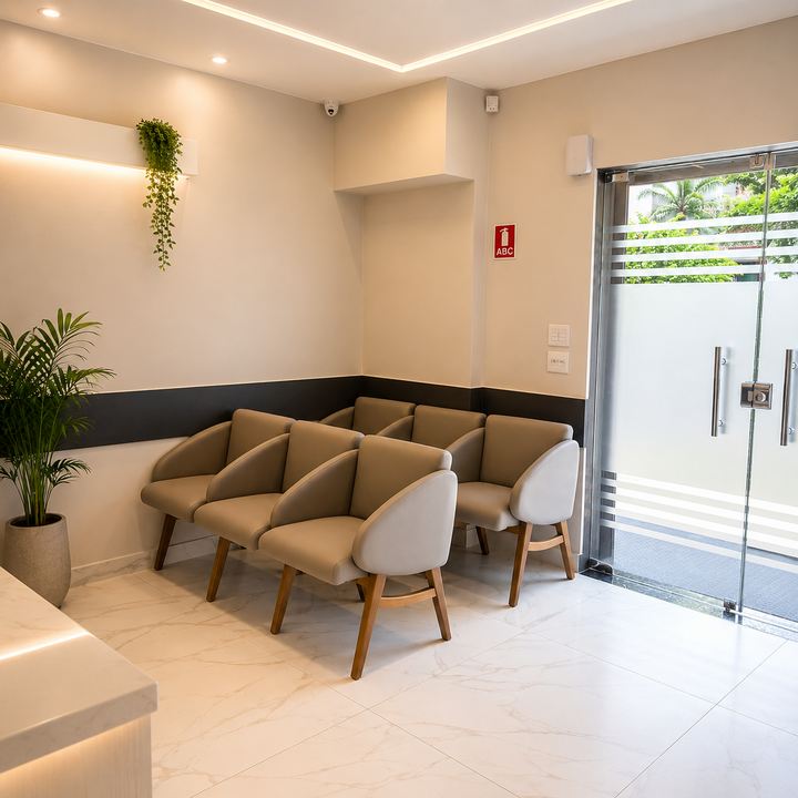 Recepção da clínica na Asa Norte, ambiente premium e acolhedor